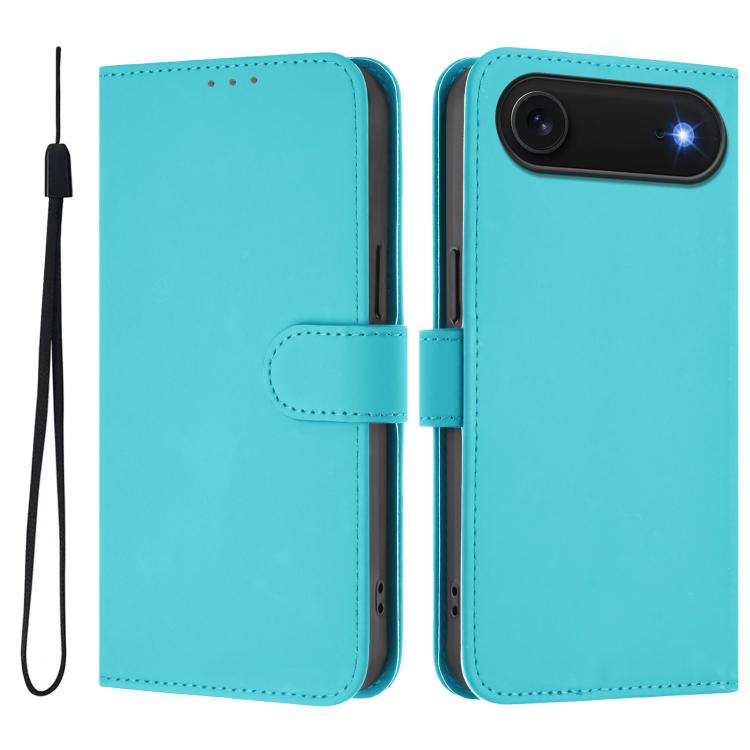 

For iPhone Air Skin Feel Solid Color Leather Phone Case with Lanyard(Lake Blue)