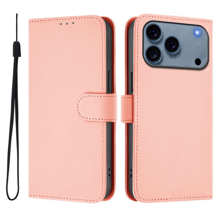 For iPhone 17 Pro Max Skin Feel Solid Color Leather Phone Case with Lanyard(Pink)