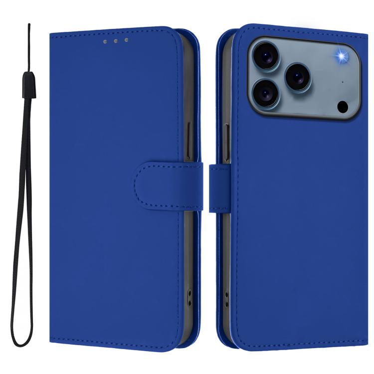 

For iPhone 17 Pro Max Skin Feel Solid Color Leather Phone Case with Lanyard(Dark Blue)