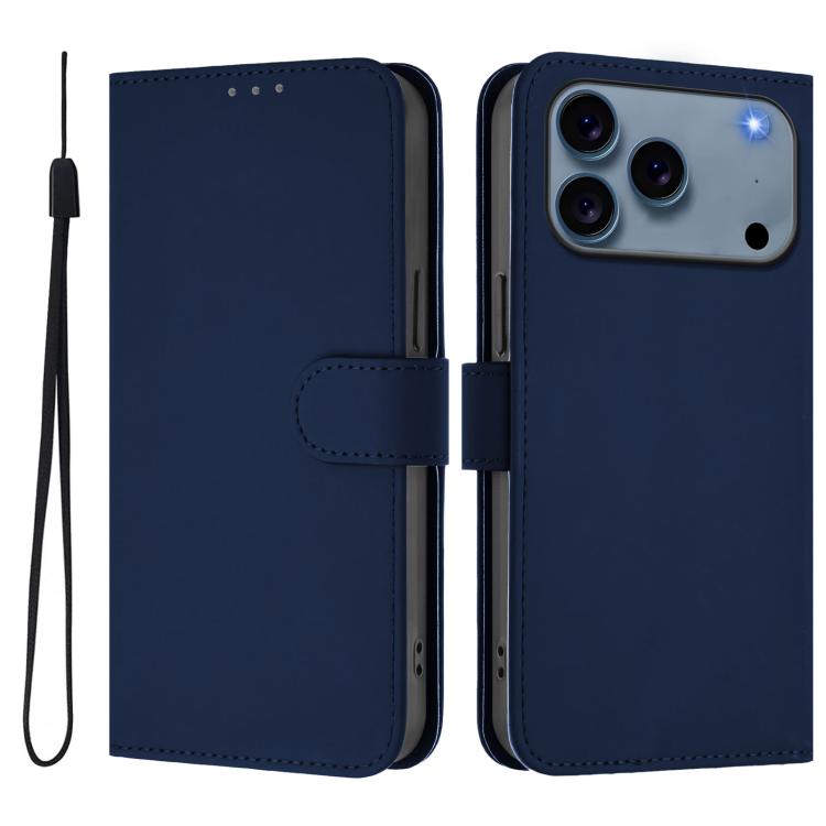 

For iPhone 17 Pro Max Skin Feel Solid Color Leather Phone Case with Lanyard(Navy Blue)