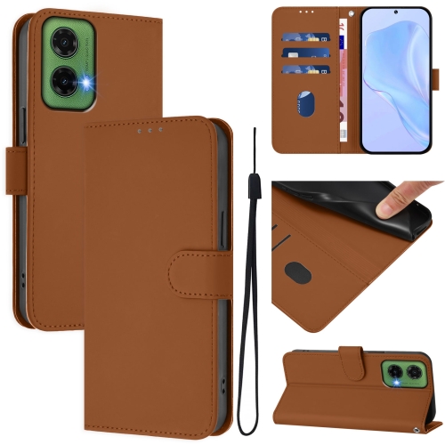 

For Motorola Moto G35 Skin Feel Solid Color Leather Phone Case with Lanyard(Brown)