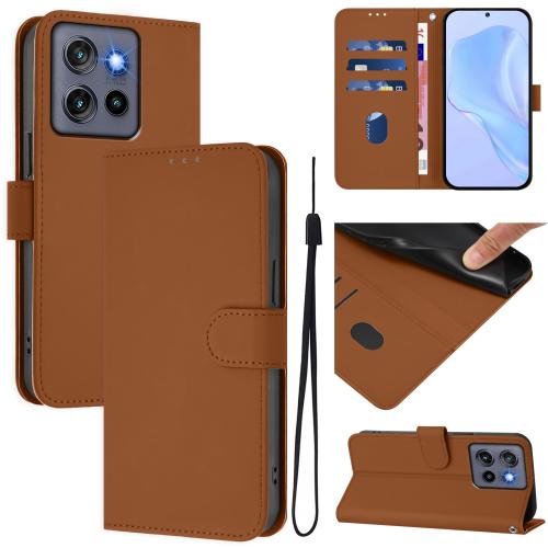 

For Motorola Moto G Stylus 5G 2025 Skin Feel Solid Color Leather Phone Case with Lanyard(Brown)