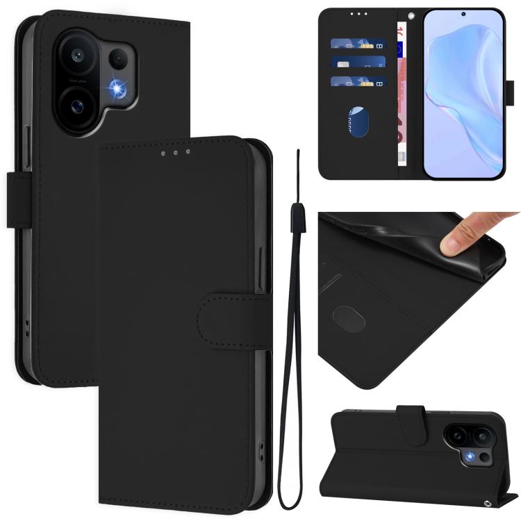 

For vivo S30 Skin Feel Solid Color Leather Phone Case with Lanyard(Black)
