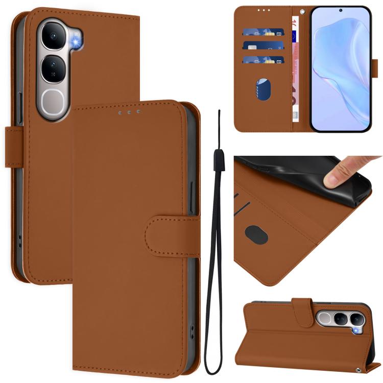 

For vivo Y31 5G Global Skin Feel Solid Color Leather Phone Case with Lanyard(Brown)