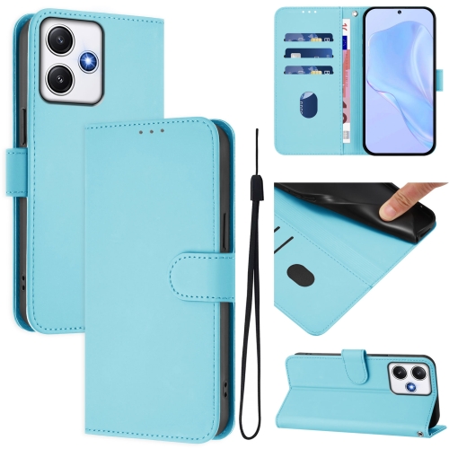 

For Redmi 12 4G Global / Note 12R Skin Feel Solid Color Leather Phone Case with Lanyard(Sky Blue)