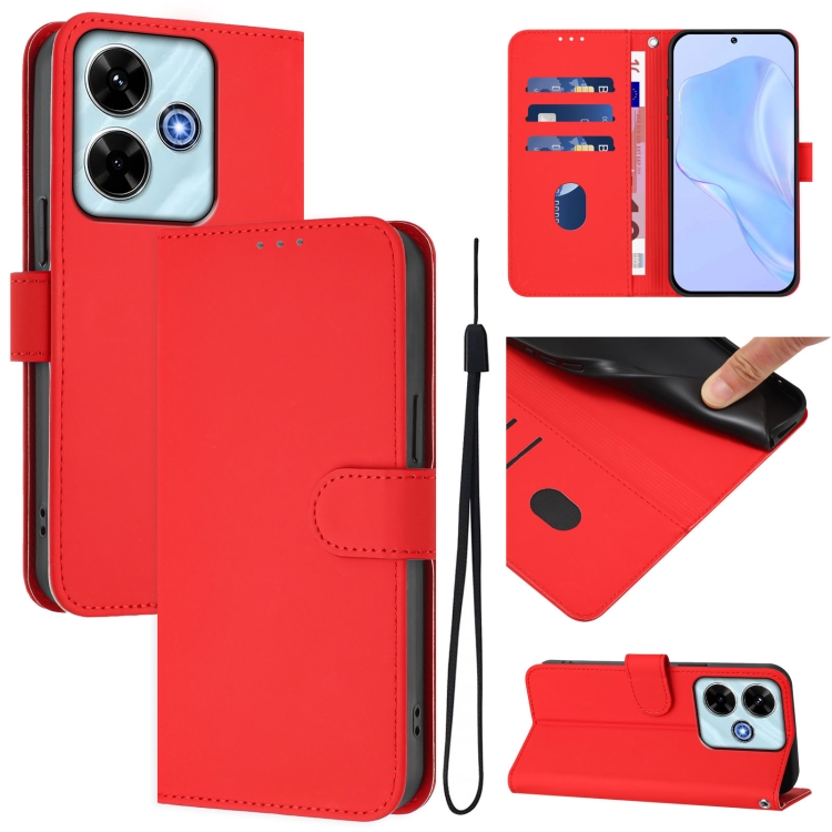 

For Redmi 13 4G Global / 13 5G Global Skin Feel Solid Color Leather Phone Case with Lanyard(Red)
