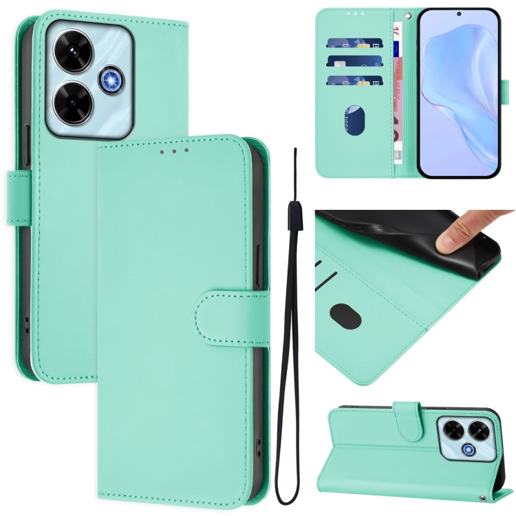 

For Redmi 13 4G Global / 13 5G Global Skin Feel Solid Color Leather Phone Case with Lanyard(Mint Green)
