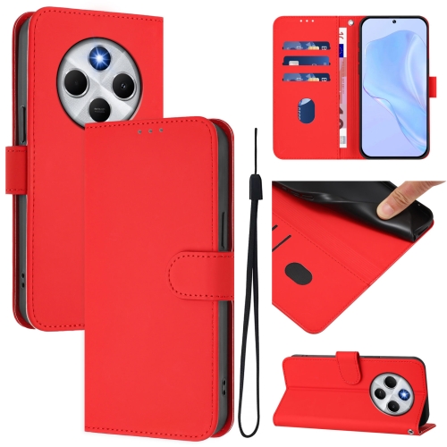 

For Redmi 14C 4G Skin Feel Solid Color Leather Phone Case with Lanyard(Red)