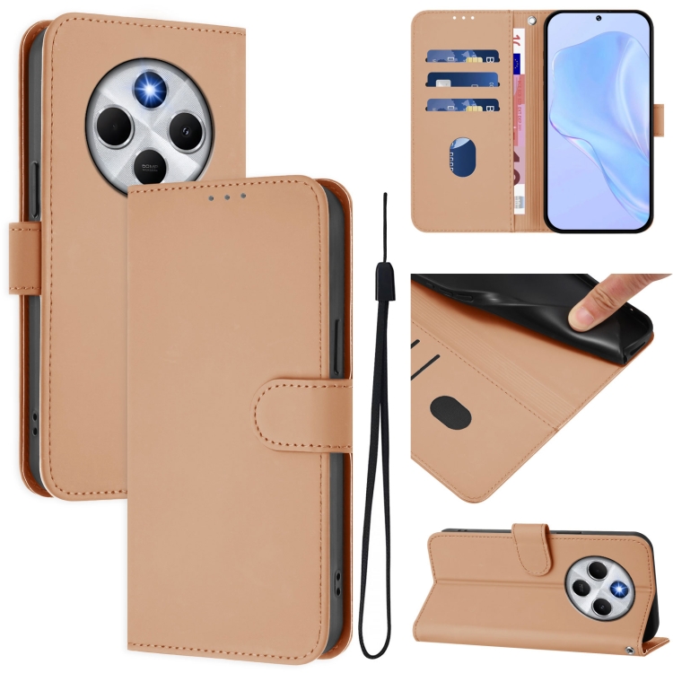 

For Redmi 14C 4G Skin Feel Solid Color Leather Phone Case with Lanyard(Nude)