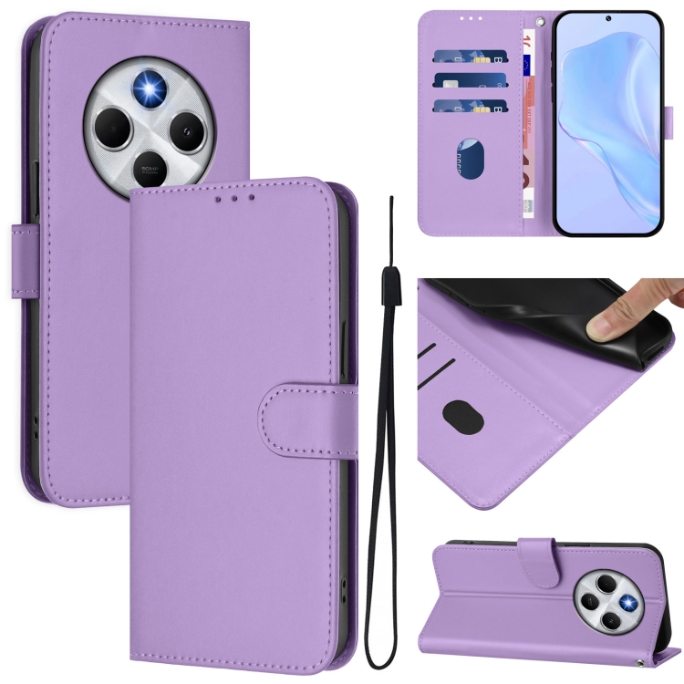

For Redmi 14C 4G Skin Feel Solid Color Leather Phone Case with Lanyard(Lavender Purple)
