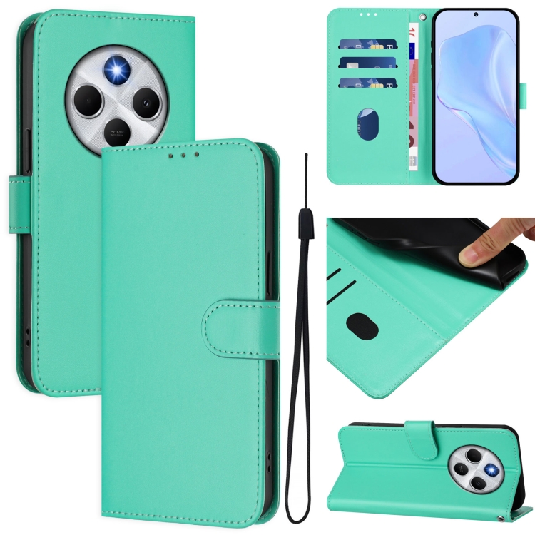 

For Redmi 14C 4G Skin Feel Solid Color Leather Phone Case with Lanyard(Green)