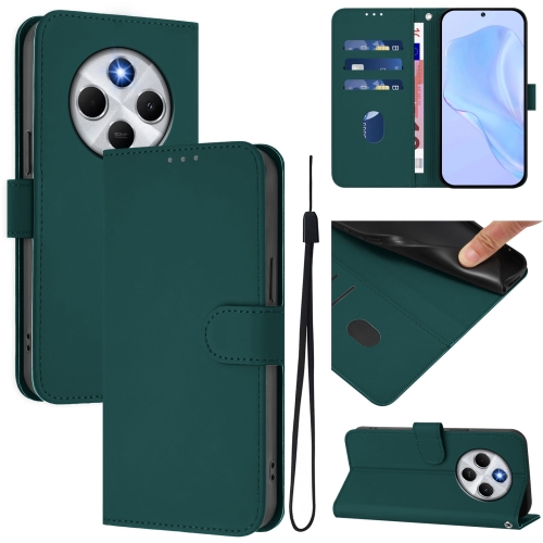 

For Redmi 14C 4G Skin Feel Solid Color Leather Phone Case with Lanyard(Dark Green)