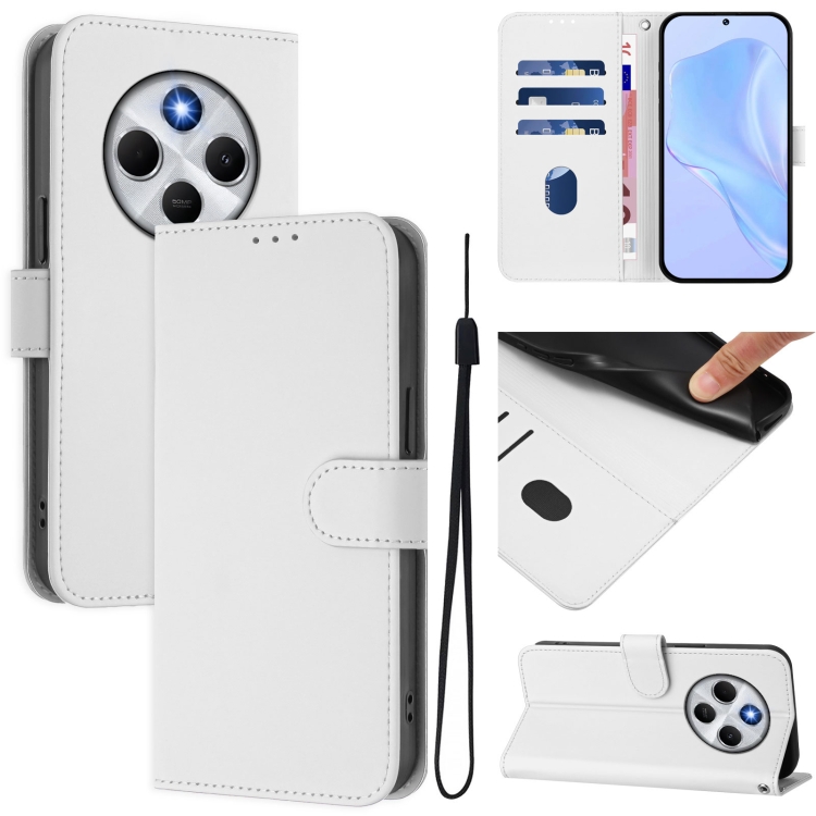 

For Redmi 14C 4G Skin Feel Solid Color Leather Phone Case with Lanyard(White)