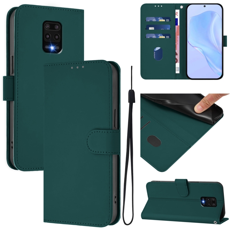 

For Redmi Note 9 Pro 4G / 9S 4G Skin Feel Solid Color Leather Phone Case with Lanyard(Dark Green)