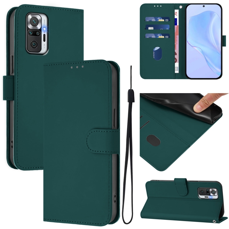 

For Redmi Note 10 Pro 4G / 10 Pro Max Skin Feel Solid Color Leather Phone Case with Lanyard(Dark Green)
