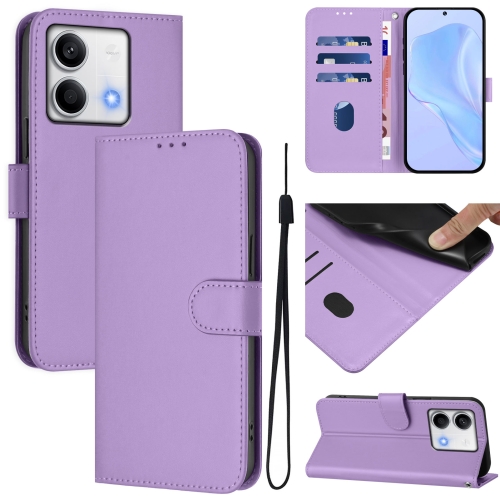 

For Redmi Note 13 5G Global Skin Feel Solid Color Leather Phone Case with Lanyard(Lavender Purple)