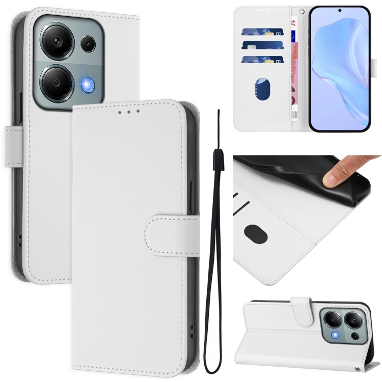 

For Redmi Note 13 Pro 4G Global Skin Feel Solid Color Leather Phone Case with Lanyard(White)