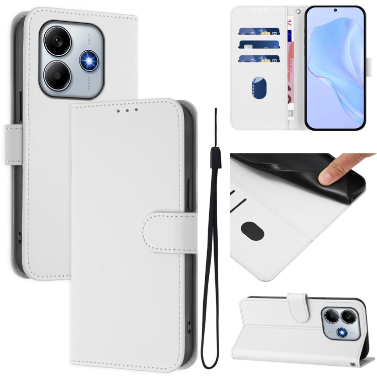 

For Redmi Note 14 5G Skin Feel Solid Color Leather Phone Case with Lanyard(White)