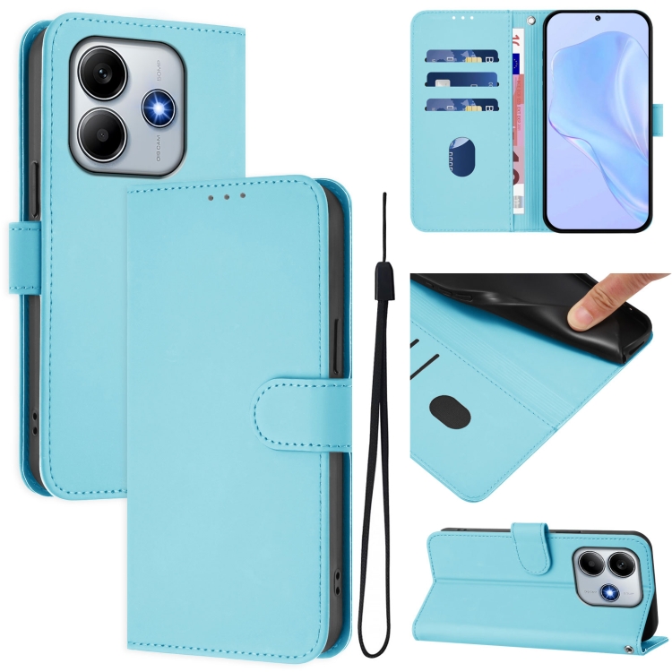 

For Redmi Note 14 5G Skin Feel Solid Color Leather Phone Case with Lanyard(Sky Blue)