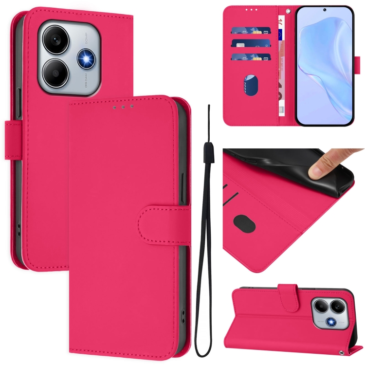 

For Redmi Note 14 5G Skin Feel Solid Color Leather Phone Case with Lanyard(Rose Red)
