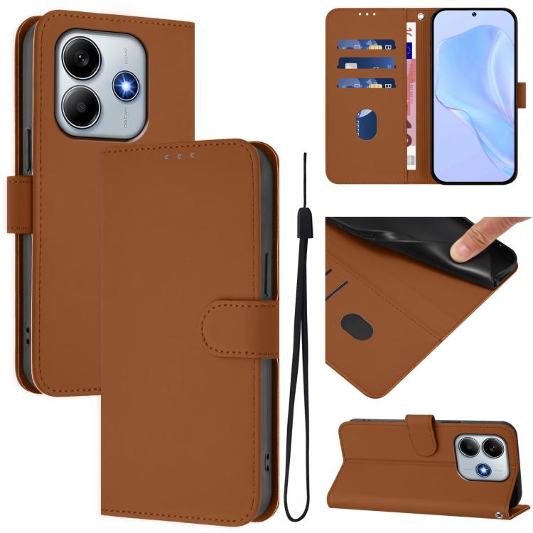 

For Redmi Note 14 4G 163.25mm Skin Feel Solid Color Leather Phone Case with Lanyard(Brown)