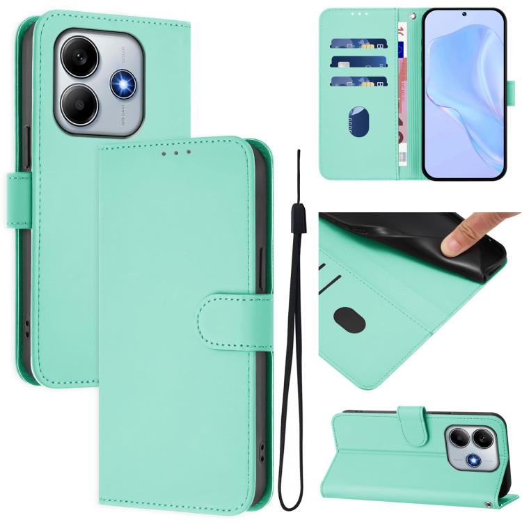 

For Redmi Note 14 4G 163.25mm Skin Feel Solid Color Leather Phone Case with Lanyard(Mint Green)