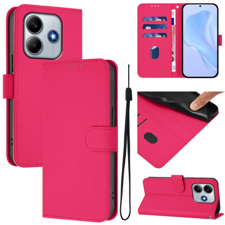

For Redmi Note 14 4G 163.25mm Skin Feel Solid Color Leather Phone Case with Lanyard(Rose Red)