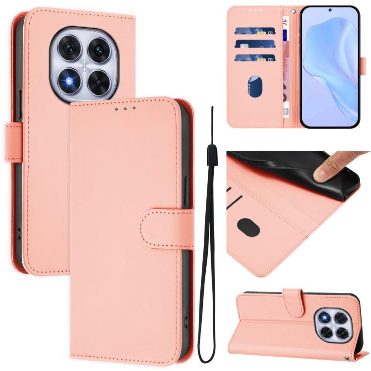 

For Redmi Note 14 Pro 4G Skin Feel Solid Color Leather Phone Case with Lanyard(Pink)