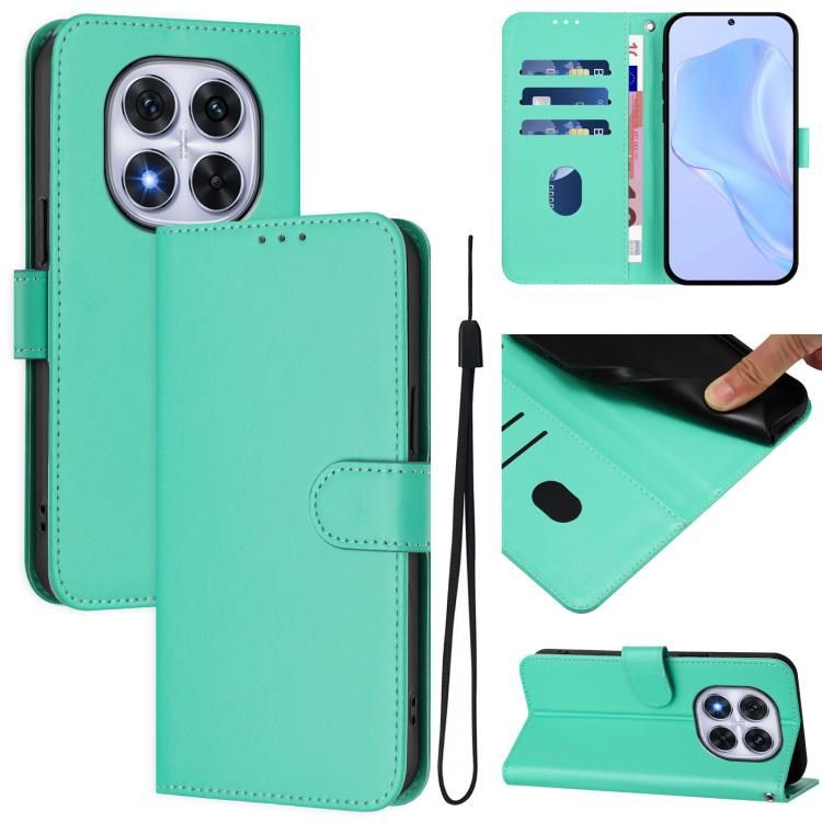 

For Redmi Note 14 Pro 4G Skin Feel Solid Color Leather Phone Case with Lanyard(Green)