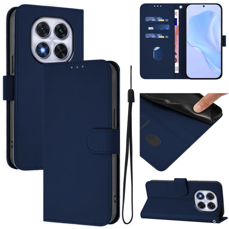 

For Redmi Note 14 Pro 4G Skin Feel Solid Color Leather Phone Case with Lanyard(Navy Blue)