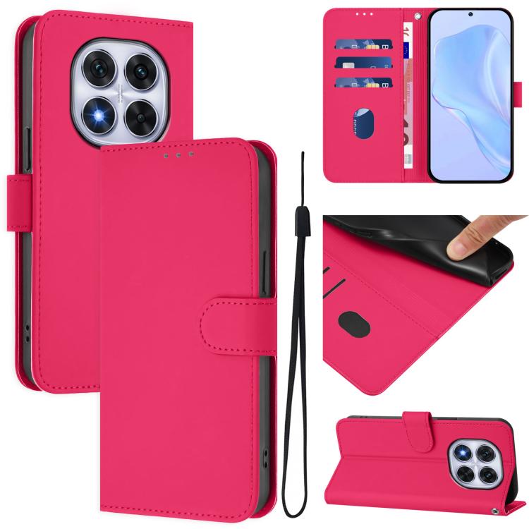 

For Redmi Note 14 Pro 4G Skin Feel Solid Color Leather Phone Case with Lanyard(Rose Red)