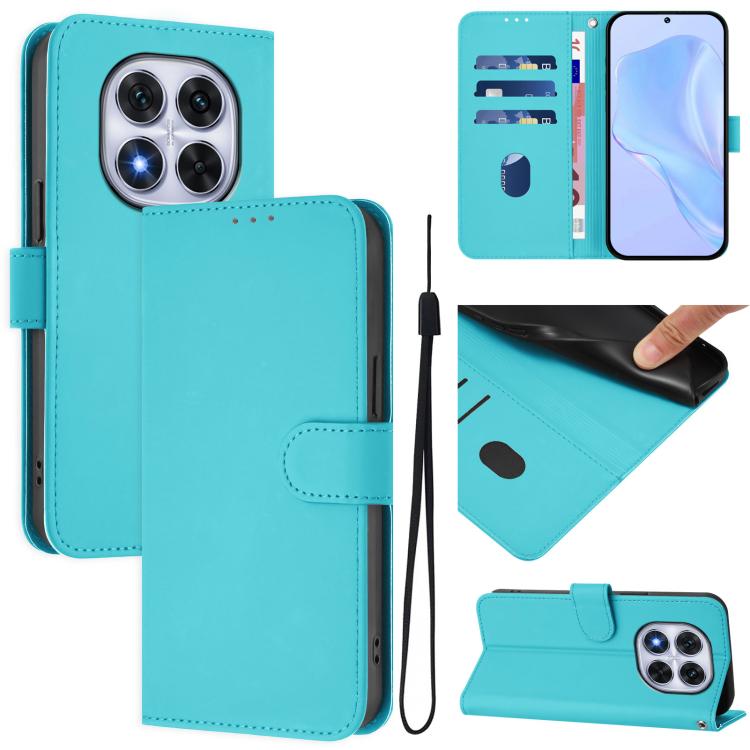 

For Redmi Note 14 Pro 4G Skin Feel Solid Color Leather Phone Case with Lanyard(Lake Blue)