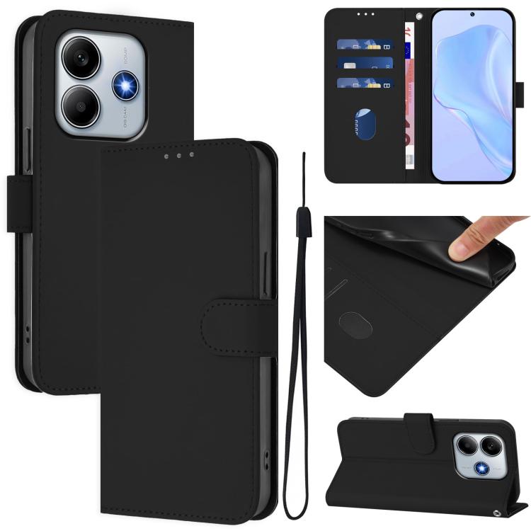 

For Redmi Note 14 5G Global Skin Feel Solid Color Leather Phone Case with Lanyard(Black)