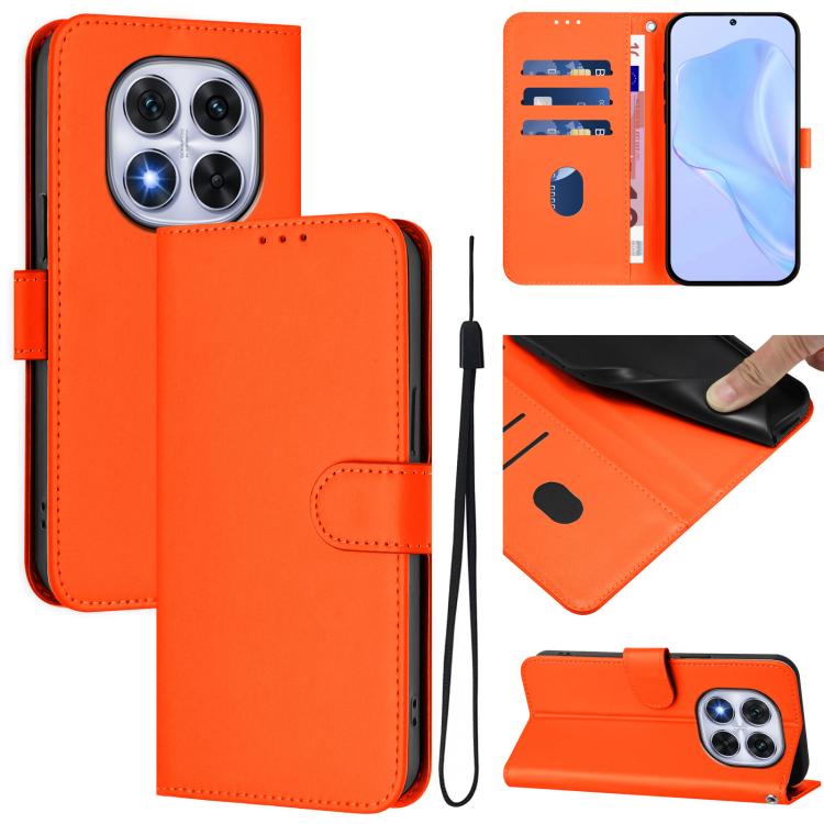 

For Redmi Note 14 Pro 5G Global Skin Feel Solid Color Leather Phone Case with Lanyard(Orange)
