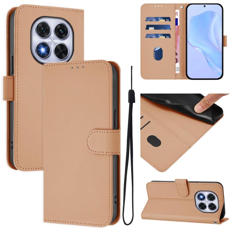 

For Redmi Note 14 Pro 5G Global Skin Feel Solid Color Leather Phone Case with Lanyard(Nude)