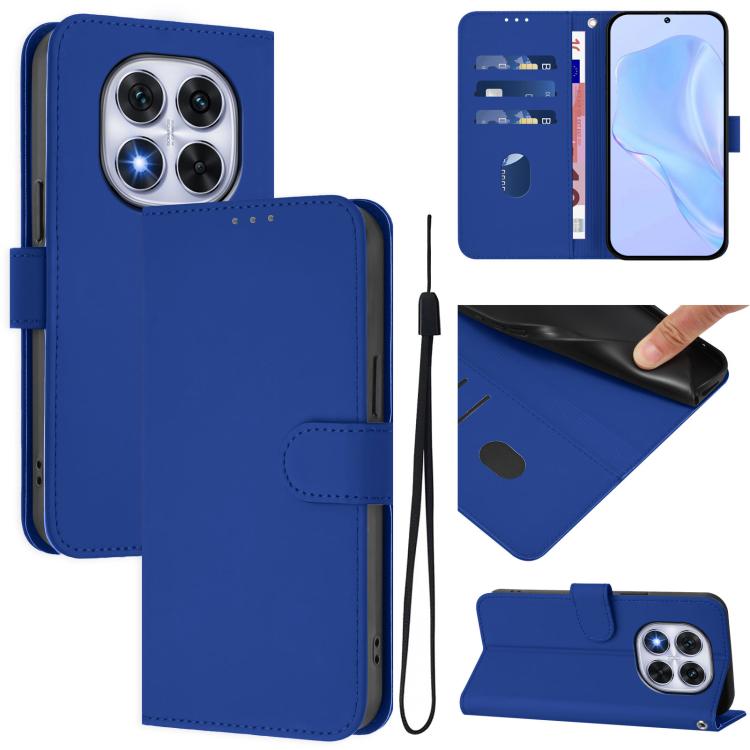 

For Redmi Note 14 Pro 5G Global Skin Feel Solid Color Leather Phone Case with Lanyard(Dark Blue)