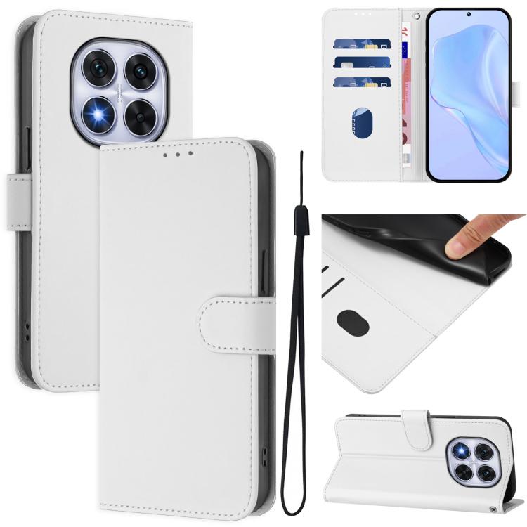 

For Redmi Note 14 Pro 5G Global Skin Feel Solid Color Leather Phone Case with Lanyard(White)
