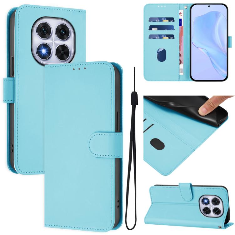 

For Redmi Note 14 Pro 5G Global Skin Feel Solid Color Leather Phone Case with Lanyard(Sky Blue)