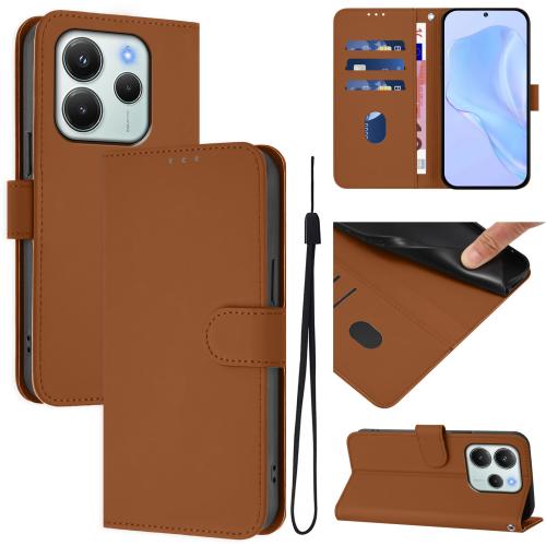 

For Redmi Note 14 4G EU 164.84mm Skin Feel Solid Color Leather Phone Case with Lanyard(Brown)