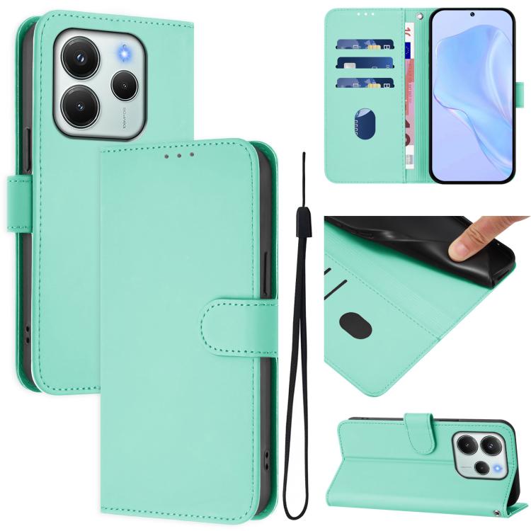 

For Redmi Note 14 4G EU 164.84mm Skin Feel Solid Color Leather Phone Case with Lanyard(Mint Green)