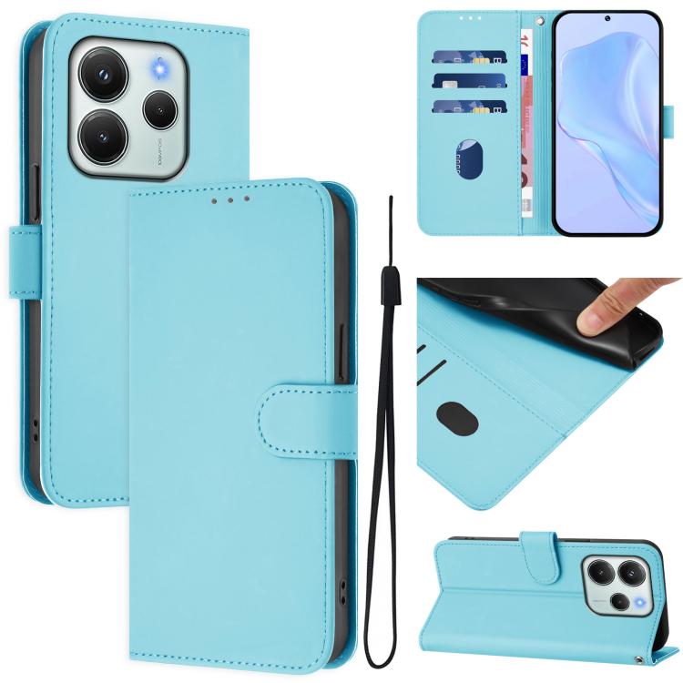 

For Redmi Note 14 4G EU 164.84mm Skin Feel Solid Color Leather Phone Case with Lanyard(Sky Blue)