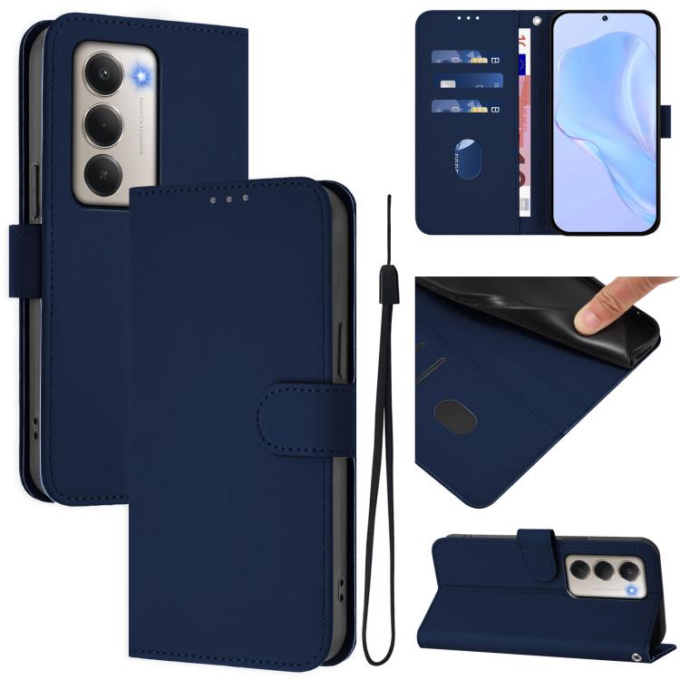 

For Redmi 15 5G / 4G EU 171mm Skin Feel Solid Color Leather Phone Case with Lanyard(Navy Blue)