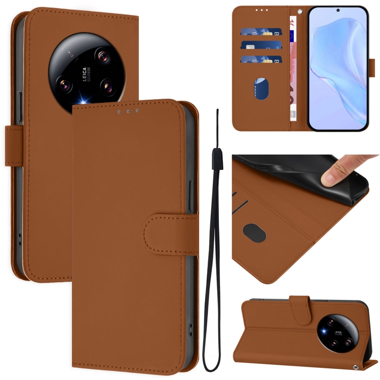 

For Xiaomi 13 Ultra Skin Feel Solid Color Leather Phone Case with Lanyard(Brown)