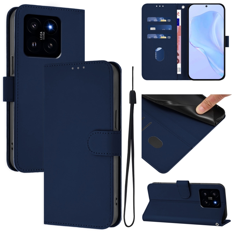 

For Xiaomi 14 Skin Feel Solid Color Leather Phone Case with Lanyard(Navy Blue)