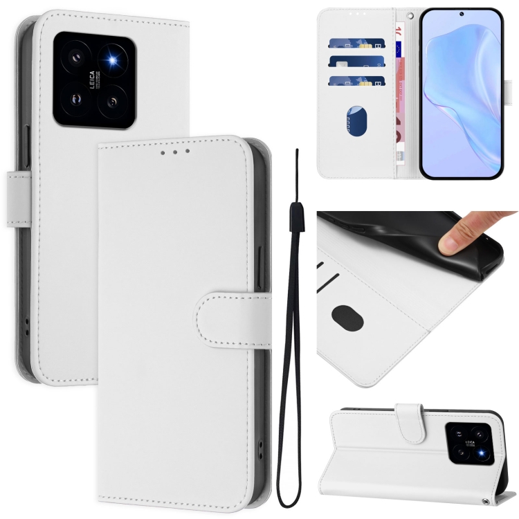 

For Xiaomi 14 Skin Feel Solid Color Leather Phone Case with Lanyard(White)