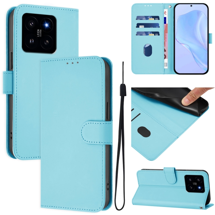 

For Xiaomi 14 Skin Feel Solid Color Leather Phone Case with Lanyard(Sky Blue)