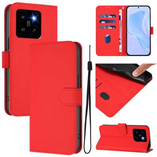 

For Xiaomi 14 Pro 5G Global Skin Feel Solid Color Leather Phone Case with Lanyard(Red)