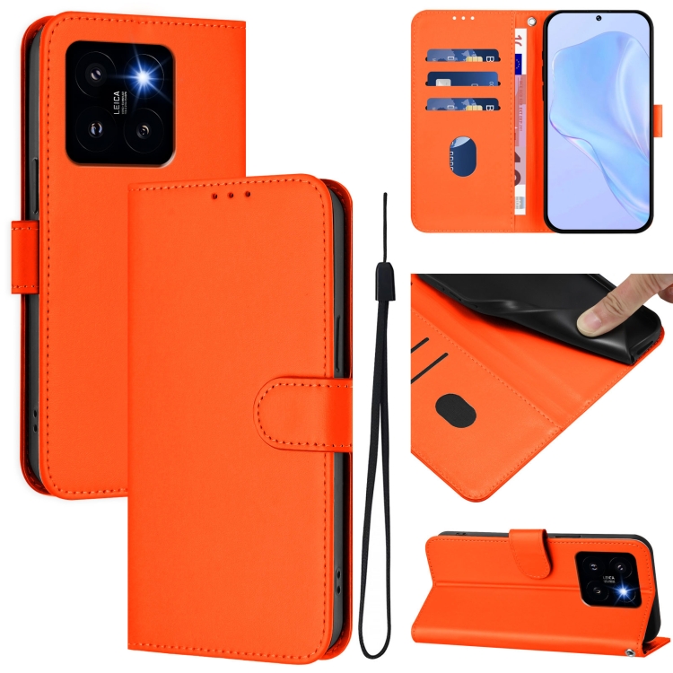 

For Xiaomi 14 Pro 5G Global Skin Feel Solid Color Leather Phone Case with Lanyard(Orange)