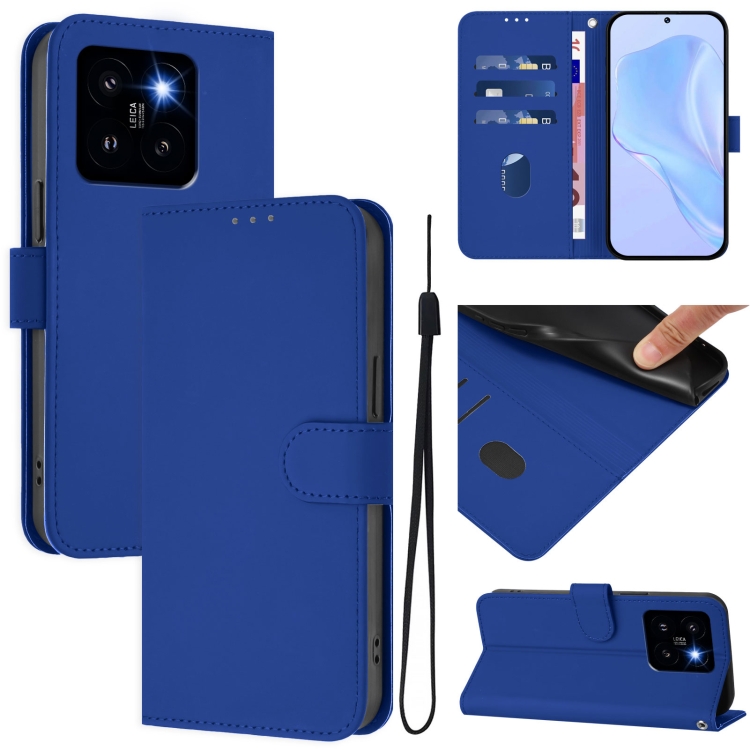 

For Xiaomi 14 Pro 5G Global Skin Feel Solid Color Leather Phone Case with Lanyard(Dark Blue)