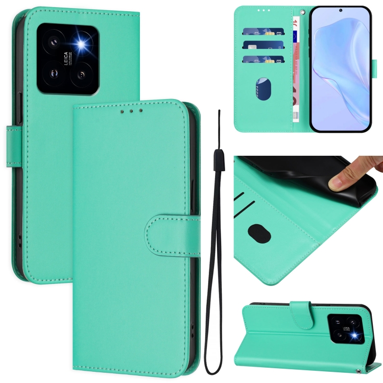 

For Xiaomi 14 Pro 5G Global Skin Feel Solid Color Leather Phone Case with Lanyard(Green)